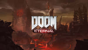 Doom Eternal 遊戲標誌在閃電中的燃燒毀滅戰場上。