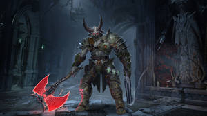 惡魔戰士在哥德式廢墟中手持發光斧頭 — 路西法 惡魔 壁紙