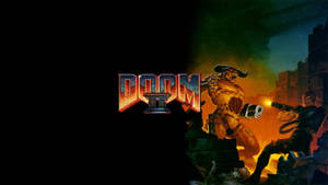 Doom II 標誌與惡魔和士兵在夜晚的火焰廢墟中 — 毀滅戰士 壁紙