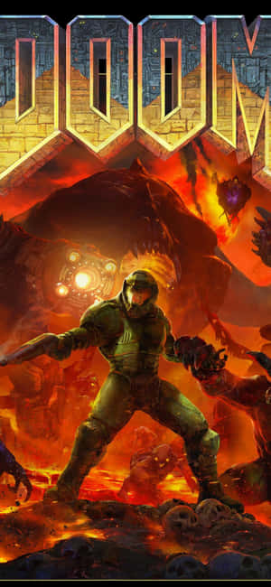 綠色盔甲士兵在熾熱地獄中與惡魔戰鬥，上方有'DOOM'標誌。 — OnePlus 13 壁紙