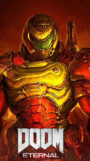 Doom Eternal 遊戲封面，展示一名重裝士兵，眼睛發光。
