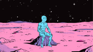 一個青色外星身影在星空下的粉紅色沙漠中的岩石上冥想。