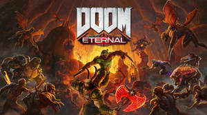 戰士在火熱地獄中與惡魔戰鬥，帶有 Doom Eternal 標誌。 — 毀滅戰士 壁紙