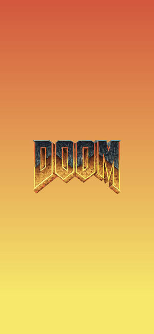 DOOM 電子遊戲標誌，金屬 3D 字母，背景為日落漸變色。