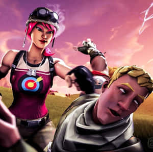 兩個 Fortnite 角色在粉紅色暴風雨的天空下進行戲劇性的戰鬥。