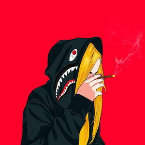 金髮動漫女孩穿鯊魚連帽衫抽大麻煙對紅色背景 — 黑白藝術 壁紙