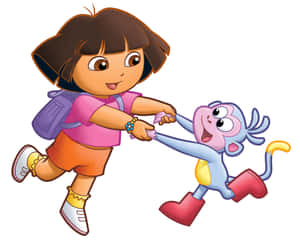Dora the Explorer 和 Boots 一起奔跑，帶著背包和靴子。