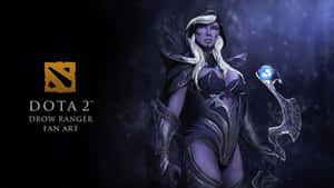 Dota 2 Drow Ranger 粉絲藝術，在陰影迷霧中手持發光藍色球體武器。