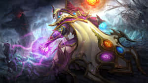 奇幻戰士在風暴戰鬥場景中施展紫色魔法。