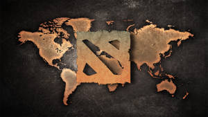 一個銅色世界地圖，中央撕裂，在深色紋理表面上顯示 Dota 2 標誌。