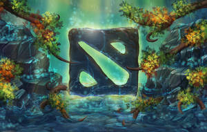 神秘 Dota 2 標誌在水中發光，周圍環繞著秋葉和瀑布。