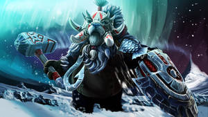 極光雪地中手持錘子的霜巨人戰士