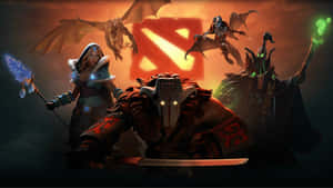 奇幻英雄與巨龍在發光的 Dota 2 標誌下戰鬥。