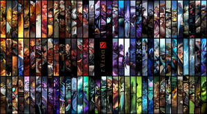 Dota 2遊戲英雄肖像以垂直條紋排列，中央有標誌。