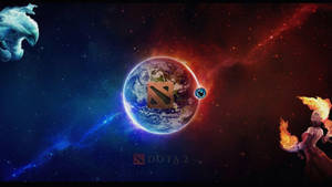 Dota 2標誌在地球上，宇宙空間中有火焰英雄和幽靈般的人物。 — 凌志標誌 GIF 壁紙