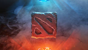 雕刻在石頭上的Dota 2標誌漂浮在彩色煙霧中，帶有戲劇性的燈光。