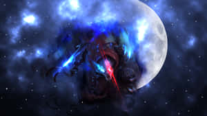 奇幻戰士在月光星空中揮舞發光劍刃。