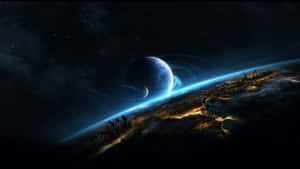 未來太空站環繞深空中一顆帶有光環的藍色行星運行。 — 行星 壁紙