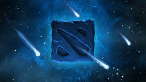 一塊發光的藍色石板，帶有符文，在宇宙星雲中，彗星劃過。