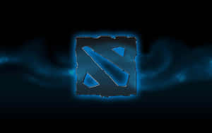發光的藍色Dota 2標誌，帶有鋸齒狀邊緣，在黑暗旋轉薄霧背景上。