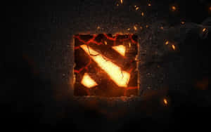 Dota 2 標誌透過破裂的石頭發光，伴隨著飛舞的火花和煙霧。