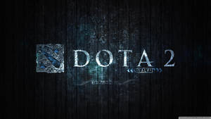 Dota 2 遊戲標誌在深色木紋質感上帶有發光藍色點綴。
