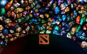 Dota 2標誌被發光的奇幻角色肖像包圍。