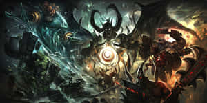 奇幻戰士與惡魔在熾熱混亂的場景中戰鬥。