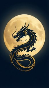 一條黑金龍的剪影盤繞在黑暗夜空中發光的滿月周圍。