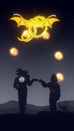 兩個動漫戰士在星空下於金龍（手持龍珠）下拳頭相碰