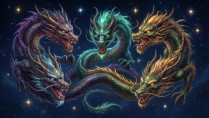 五條咆哮的龍，眼睛發光，對著繁星點點的夜空
