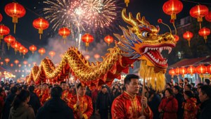 穿著紅色服裝的人們在夜晚的煙花和紅燈籠下表演金龍舞。