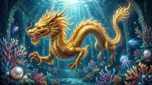 金色龍在水下珊瑚和水母間游動，身處古代遺跡