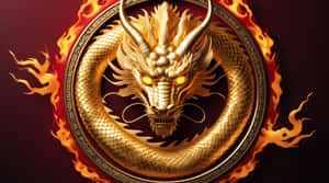 金色龍眼睛發光，被火焰包圍在圓形框架中