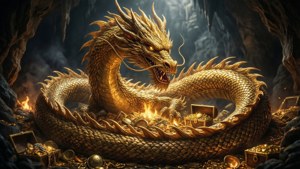 金龍在洞穴中守護寶箱和金幣，眼睛發光
