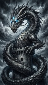 一條銀龍，藍色眼睛，在暴風雨的天空下纏繞著石塔。