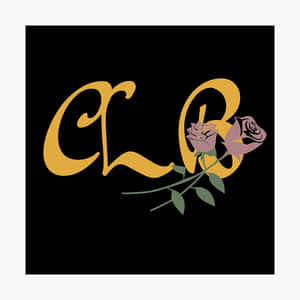 金色草書 CLB 字母與紫紅色玫瑰，黑色背景。