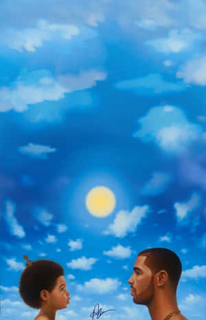 一個孩子和一個成年人在明亮的藍天、太陽和雲朵的背景下互相凝視。