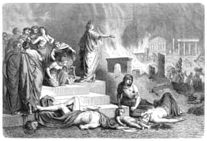 古代人們在燃燒的廢墟和古典建築中哀悼死者。