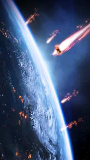 從太空看到的地球，發光的流星劃過黑暗的天空。 — 質量效應 壁紙