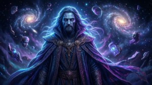 一位身穿華麗長袍的巫師，站在星空中旋轉的星系和漂浮的宇宙頭顱之間。