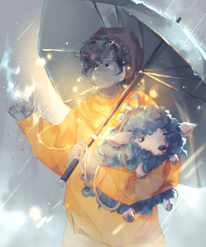 穿著黃色雨衣的人，在雨中場景拿著雨傘和毛茸茸的羊，伴有發光的燈光。