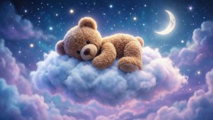 一隻泰迪熊在星空下、新月旁的雲朵上休息。