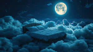 夜晚，一張床漂浮在雲朵上，滿月和星星。