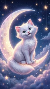 一隻白色小貓，有著綠色眼睛，坐在彎月上，周圍環繞著星星和雲朵。