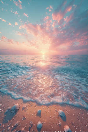 海洋上的夕陽，海浪沖刷沙灘上的貝殼