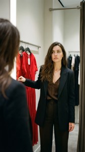 身穿黑色西裝外套的女性在精品店鏡子前檢查紅色連衣裙