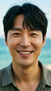 一個男人溫暖地微笑，背景是海洋