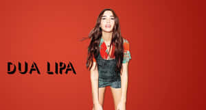 Dua Lipa 穿著彩色服裝，在紅色背景前擺姿勢，並帶有她的名字文字。 — 杜娃·利帕 壁紙