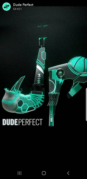 發光的青綠色運動裝備在黑色背景上排列成 Dude Perfect 標誌設計。 — 籃球 壁紙
